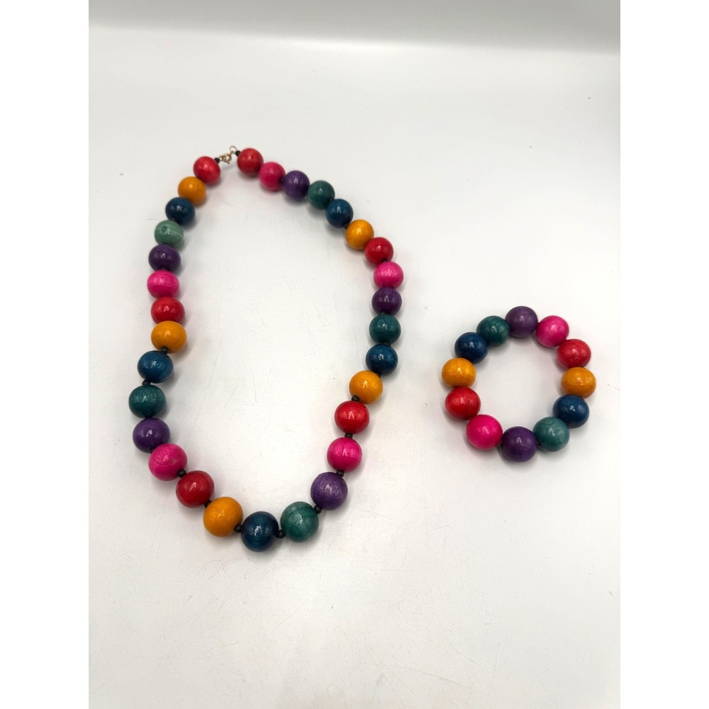 Vintage Multi Color Wood Bead Necklace and‎ Stretch Bracelet Jewelry Set Boho